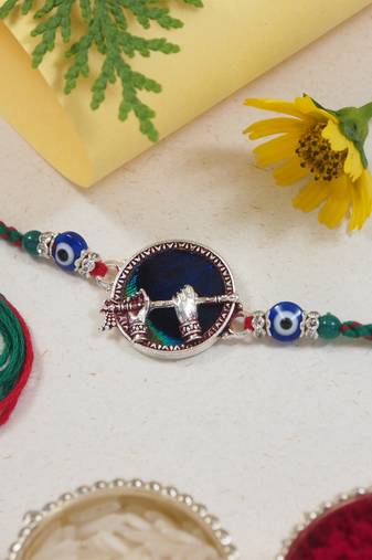 Fancy peacock feather basuri rakhi with roli chawal & rakshabandhan card for baby boys/bro/brother/bhai 