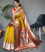 Yellow Paithani silk blend Golden and Red Zari Woven Saree with Blouse