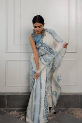 sky blue chanderi saree with kalamkari weave 1