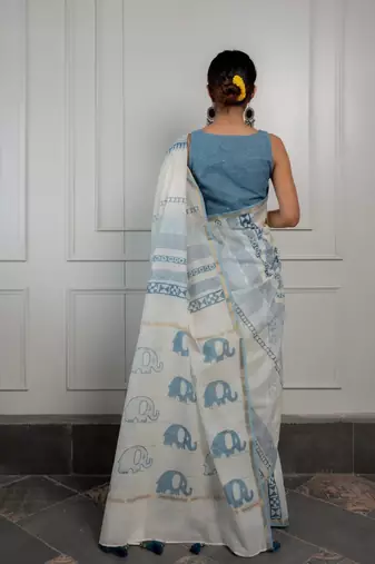 sky blue chanderi saree with kalamkari weave