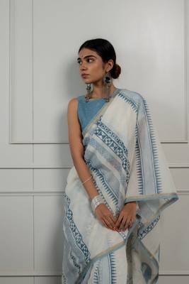 sky blue chanderi saree with kalamkari weave 3
