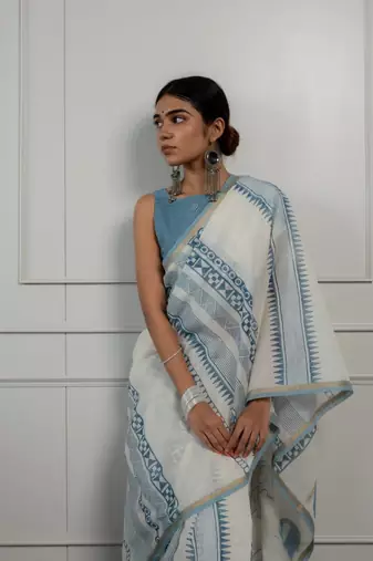 sky blue chanderi saree with kalamkari weave