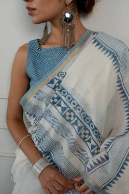 sky blue chanderi saree with kalamkari weave 4