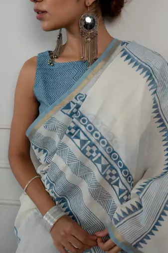 sky blue chanderi saree with kalamkari weave