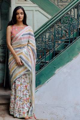 chanderi cotton saree with kalamkari & batik print and zari border 1