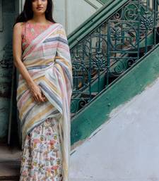 chanderi cotton saree with kalamkari & batik print and zari border