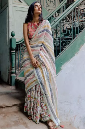 chanderi cotton saree with kalamkari & batik print and zari border