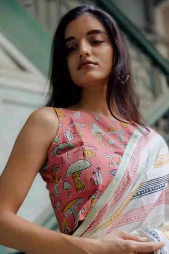 chanderi cotton saree with kalamkari & batik print and zari border