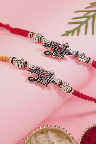 Fancy jai shree ram combo rakhi with roli chawal & rakshabandhan card 