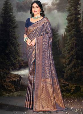 Sangam prints navy blue silk woven work traditional saree 1