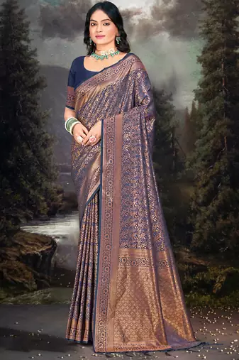 Sangam prints navy blue silk woven work traditional saree