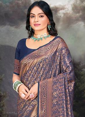 Sangam prints navy blue silk woven work traditional saree 2
