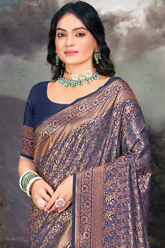 Sangam prints navy blue silk woven work traditional saree