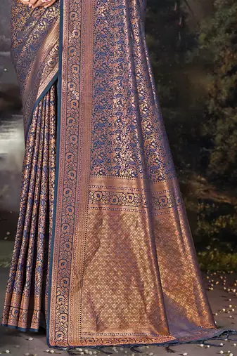 Sangam prints navy blue silk woven work traditional saree