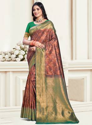 Sangam prints green silk woven work traditional saree 1