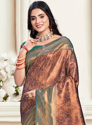 Sangam prints green silk woven work traditional saree 2