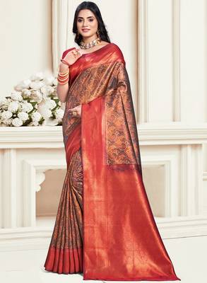 Sangam prints red silk woven work traditional saree 1