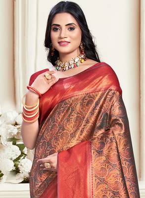 Sangam prints red silk woven work traditional saree 2