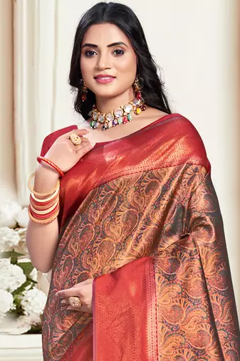 Sangam prints red silk woven work traditional saree