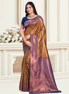 Sangam prints navy blue silk woven work traditional saree 1