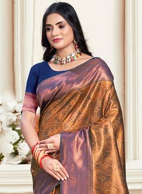 Sangam prints navy blue silk woven work traditional saree 2
