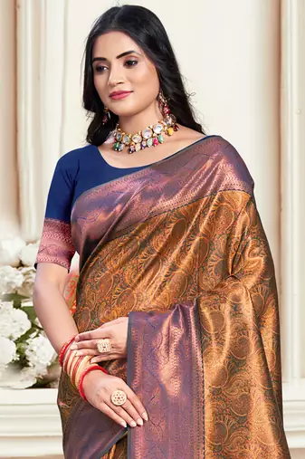 Sangam prints navy blue silk woven work traditional saree