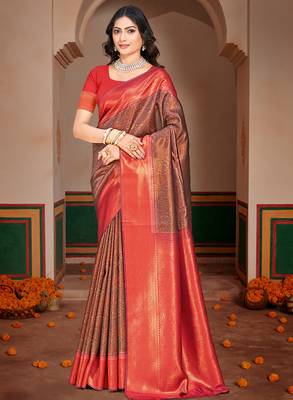 Sangam prints red silk woven work traditional saree 1