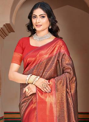 Sangam prints red silk woven work traditional saree 2