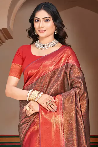 Sangam prints red silk woven work traditional saree