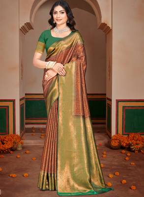 Sangam prints green silk woven work traditional saree 1