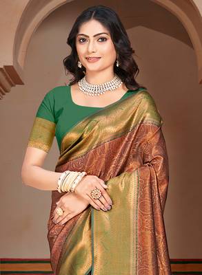 Sangam prints green silk woven work traditional saree 2