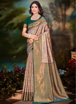 Sangam prints brown silk woven work traditional saree 1