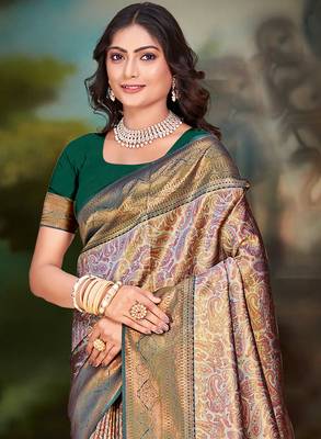 Sangam prints brown silk woven work traditional saree 2