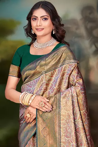 Sangam prints brown silk woven work traditional saree