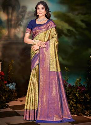 Sangam prints yellow silk woven work traditional saree 1