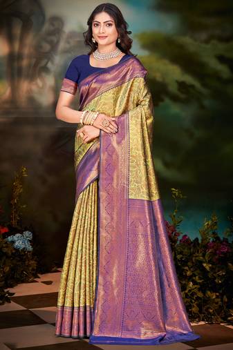 Sangam prints yellow silk woven work traditional saree