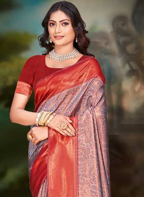 Sangam prints grey silk woven work traditional saree 2
