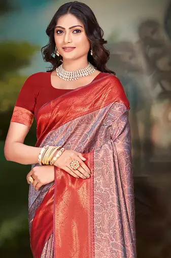 Sangam prints grey silk woven work traditional saree