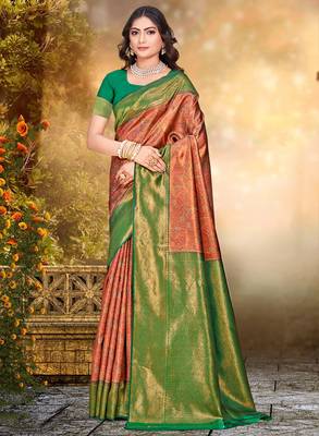 Sangam prints orange silk woven work traditional saree 1