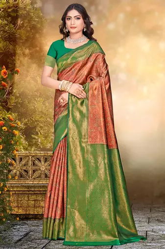 Sangam prints orange silk woven work traditional saree