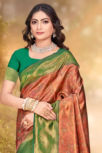 Sangam prints orange silk woven work traditional saree
