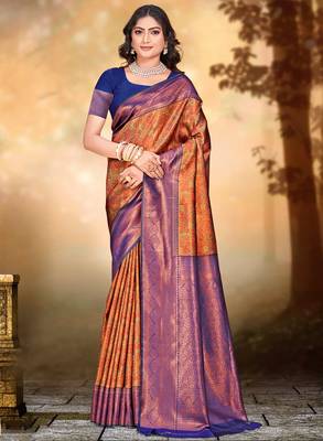Sangam prints orange silk woven work traditional saree 1