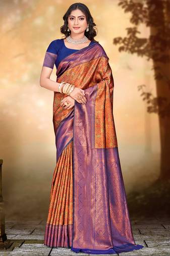 Sangam prints orange silk woven work traditional saree