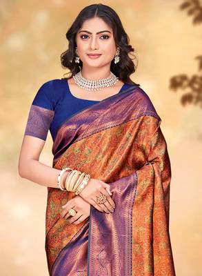 Sangam prints orange silk woven work traditional saree 2