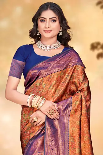Sangam prints orange silk woven work traditional saree