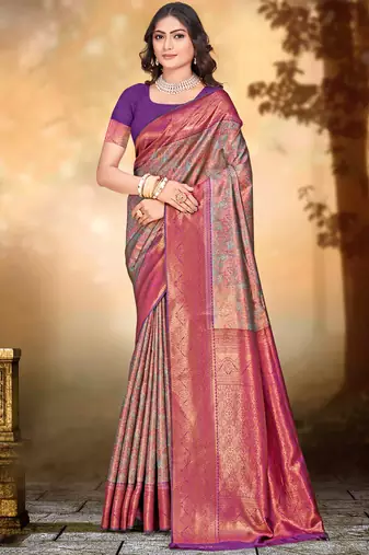 Sangam prints purple silk woven work traditional saree