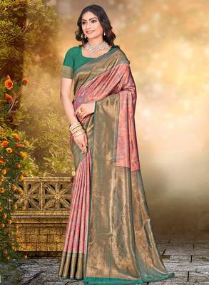 Sangam prints pink silk woven work traditional saree 1