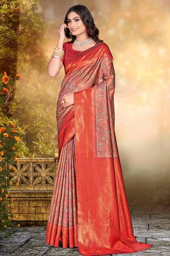 Sangam prints multi color silk woven work traditional saree
