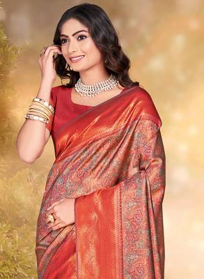 Sangam prints multi color silk woven work traditional saree 2