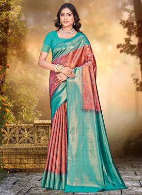 Sangam prints red silk woven work traditional saree 1